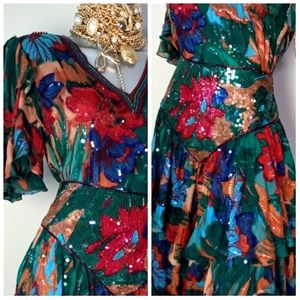 VTG Silk "Judith Ann Creations" Indian Beaded Sequin DECO Layered Skirt Set